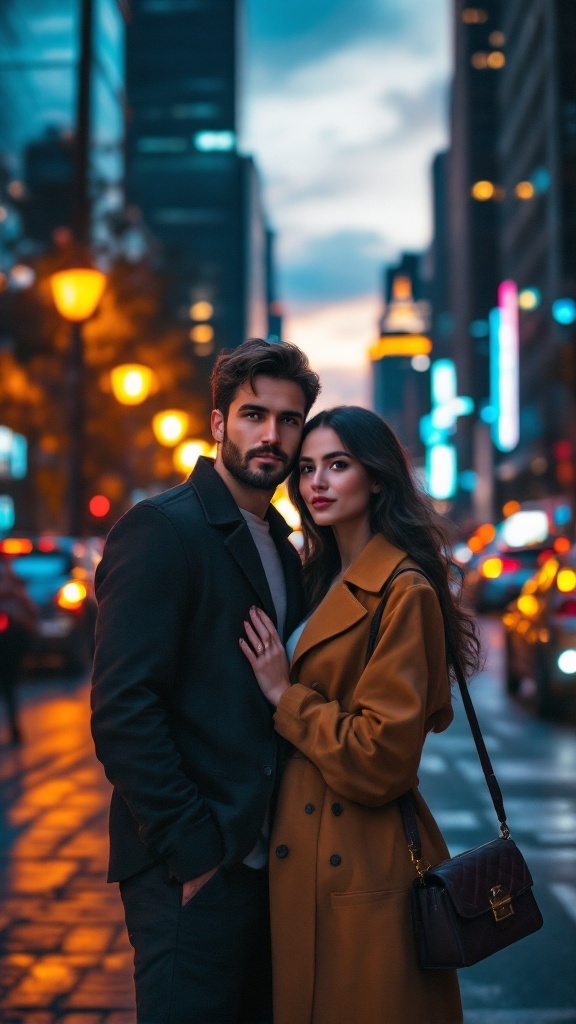 Couple posing in an urban setting with city lights in the background