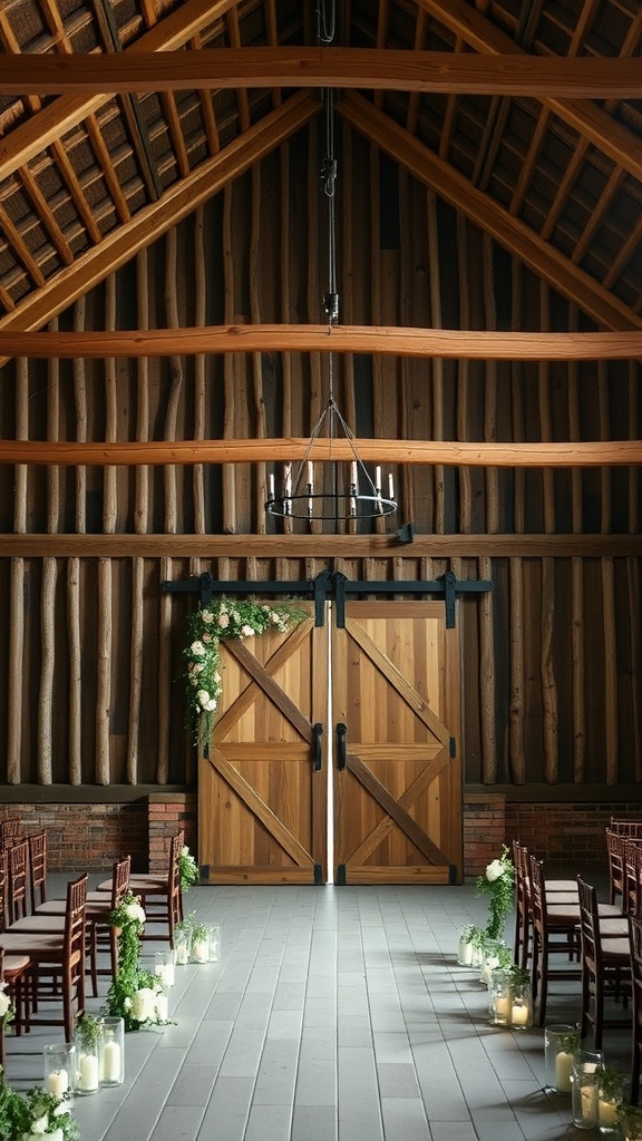 Interior of a barn showing wooden beams, a chandelier, wooden doors, and chairs set for a wedding with decorative candles.