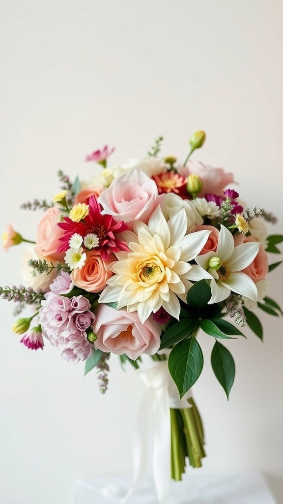 A beautiful bouquet featuring pink roses, yellow daisies, and various colorful flowers arranged with greenery.