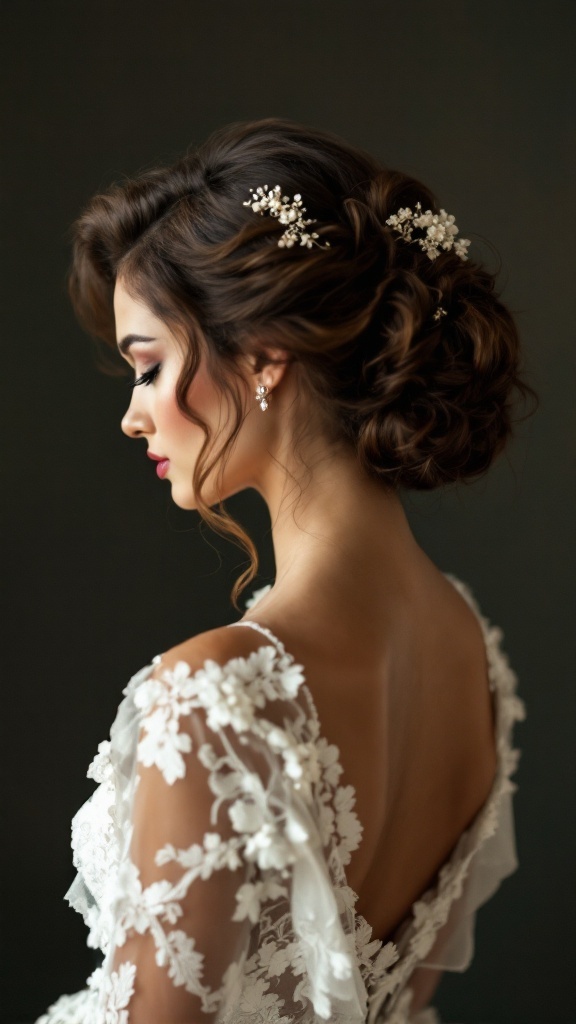 Bride with vintage-inspired finger waves hairstyle and delicate hair accessories.