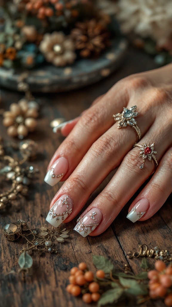 Vintage-inspired bridal gel nails with floral designs and gold accents.