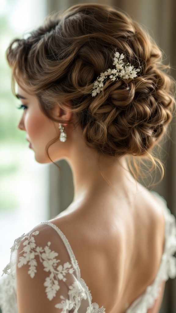 A model with vintage-inspired pin curls styled elegantly with a floral accessory, showcasing a romantic hairstyle for bridesmaids.