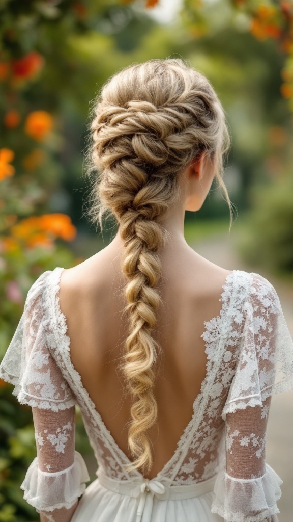 A bride with a vintage-inspired side braid wearing a lace backless dress in a garden setting.