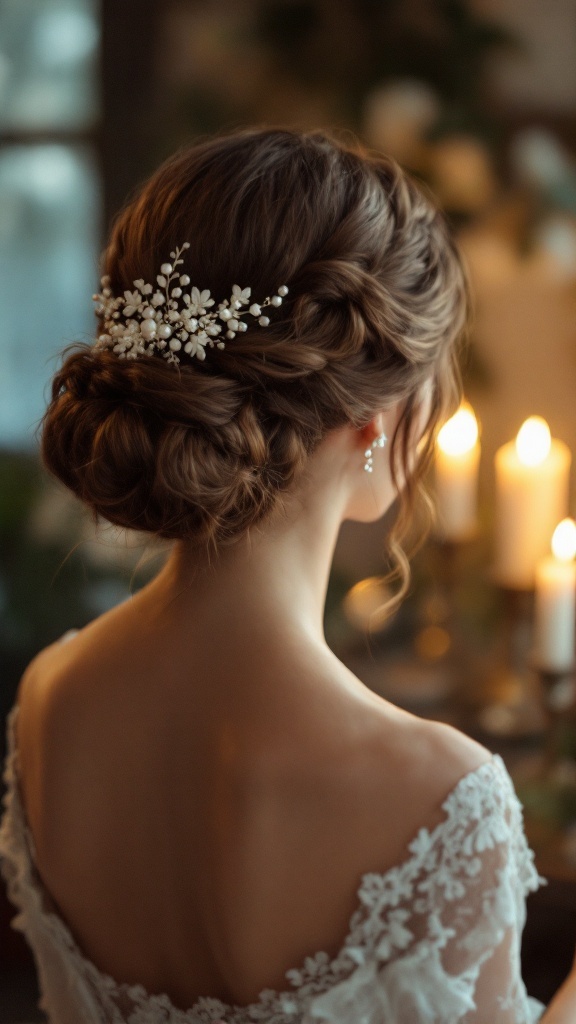 A beautiful vintage chignon hairstyle with delicate floral accents, showcased from the back.