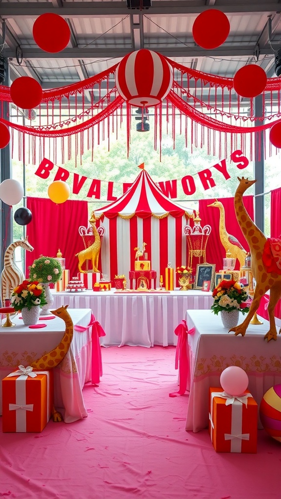 A vibrant vintage circus themed bridal shower setup with red and white decorations, giraffe centerpieces, and colorful gift boxes.