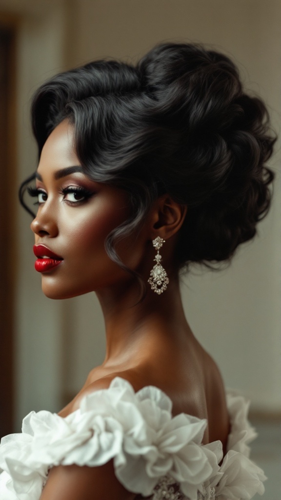 A woman with vintage finger waves hairstyle, wearing elegant earrings and bold red lipstick.