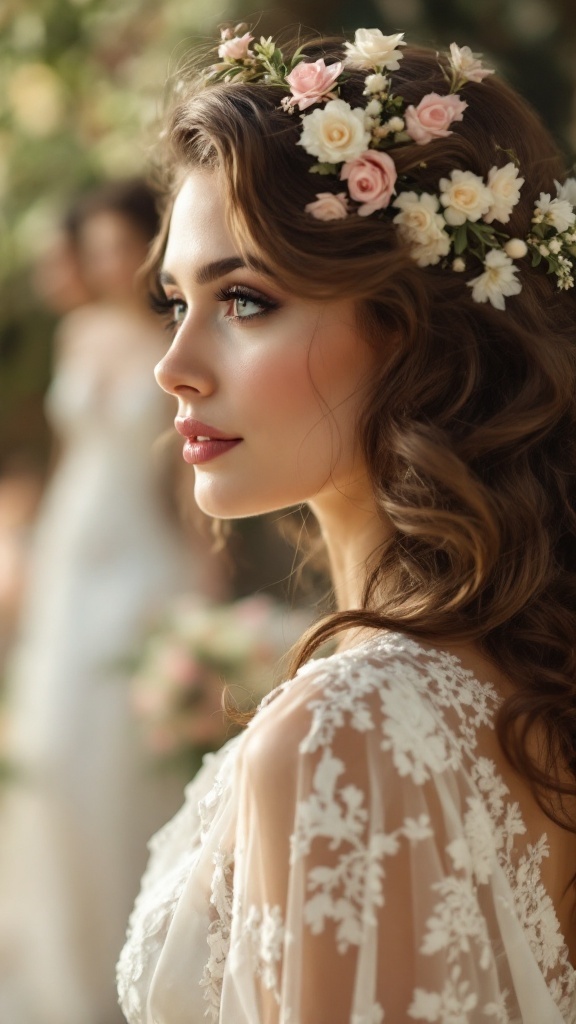 A woman with vintage Hollywood curls decorated with small flowers.