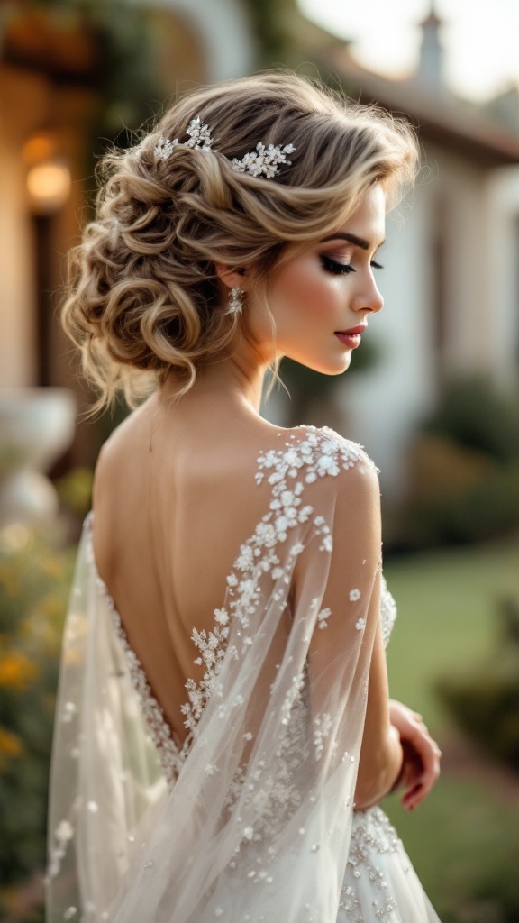 Bride with vintage Hollywood glam waves and a delicate hair accessory, wearing a beaded wedding gown