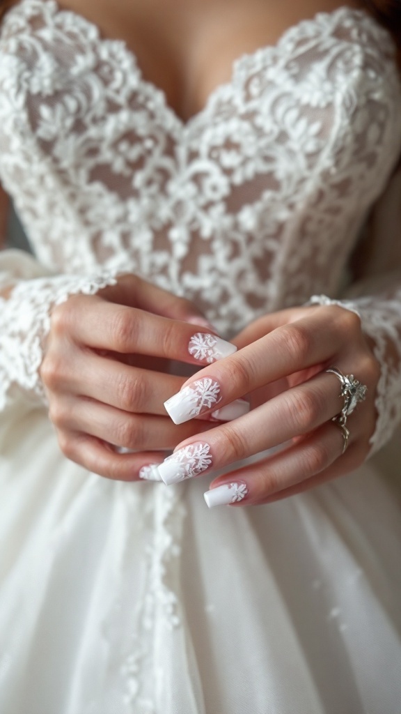 Square wedding nails with vintage lace designs on a bride's hands