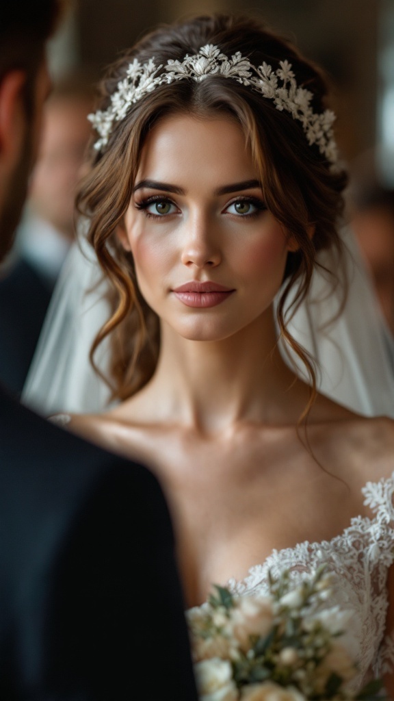 Bride with vintage lace headband and loose curls