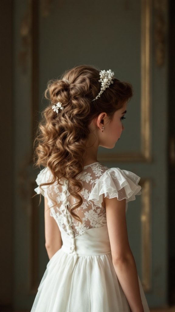 A young girl with vintage pin-up curls, wearing a white dress with ruffled sleeves and floral hair accessories.