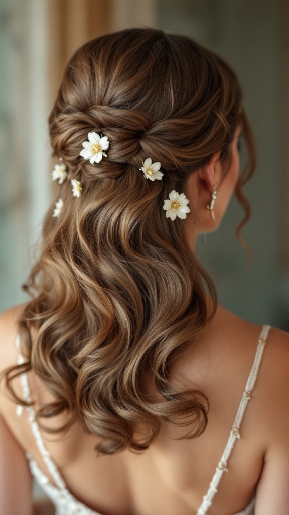 A beautiful long hairstyle featuring vintage pin-up waves adorned with white flowers.