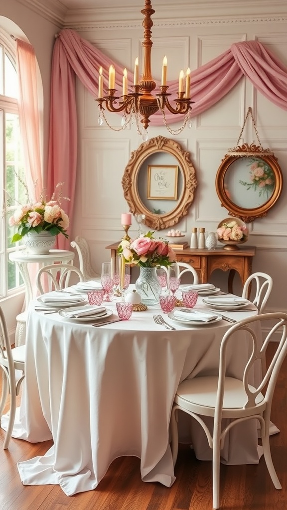 A beautifully decorated bridal shower table set with pink and white elements.