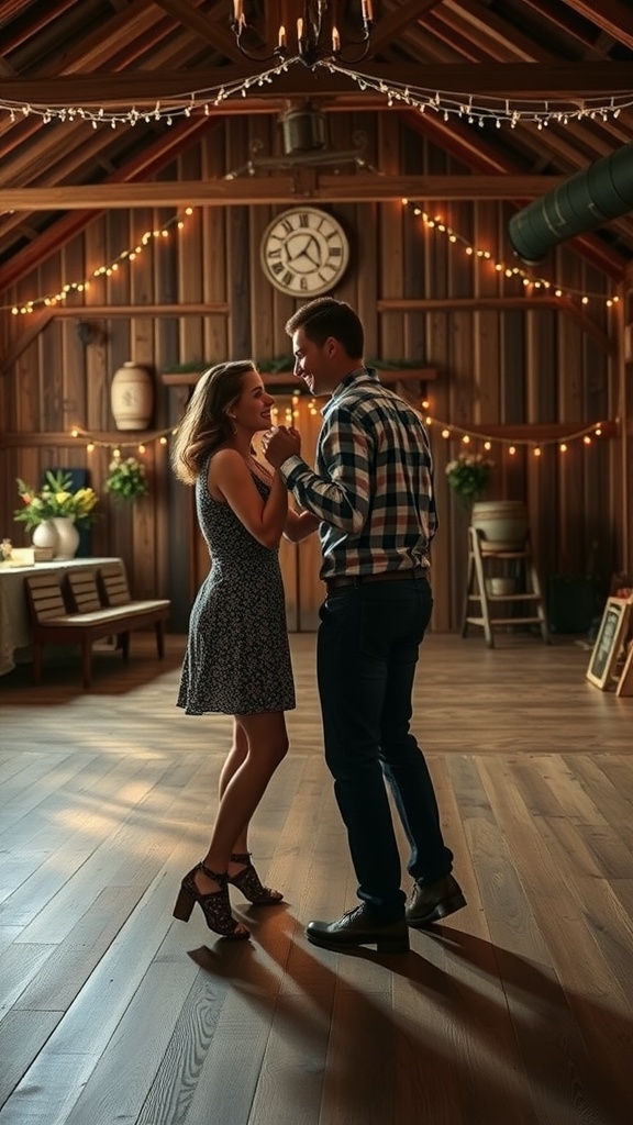A couple sharing a dance in a cozy, vintage-style setting.