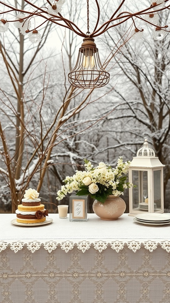 A beautifully decorated winter bridal shower table with a vintage theme, featuring a layered cake, fresh flowers, and a glowing lantern, set against a snowy backdrop.
