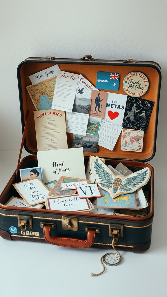 A vintage suitcase filled with postcards and notes, perfect for engagement photo props.