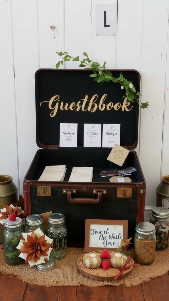 A vintage suitcase set up as a guestbook with cards, greenery, and decorative elements.