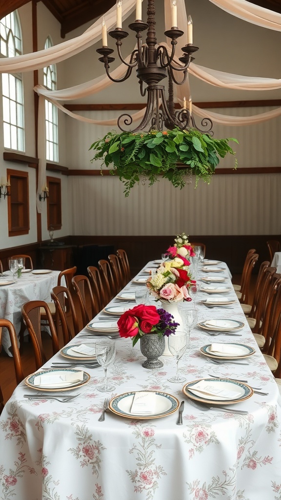 A beautifully set long table with vintage floral tablecloths, elegant tableware, and vibrant flower centerpieces.