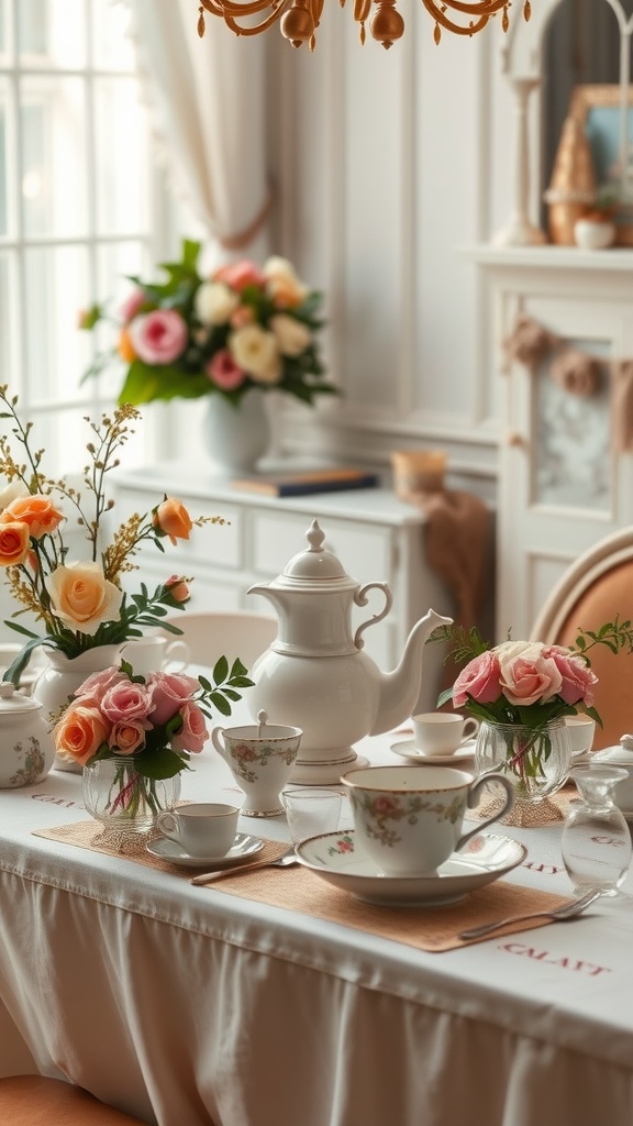 A beautifully set table for a vintage tea party with floral arrangements and a white teapot.