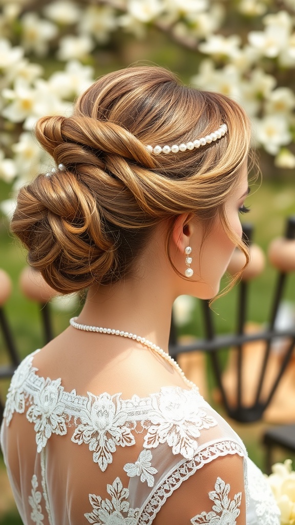 A vintage updo hairstyle with pearls, styled for a spring wedding, showcasing soft curls and an elegant look.