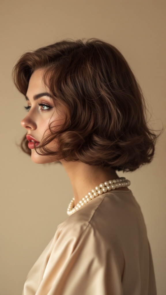 A woman with a vintage waves bob hairstyle, wearing a pearl necklace and a soft-colored outfit, showcasing a retro vibe.