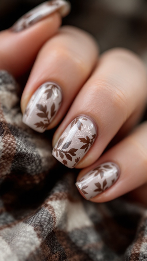 Close-up of warm gray nails with leaf patterns on a cozy fabric background.