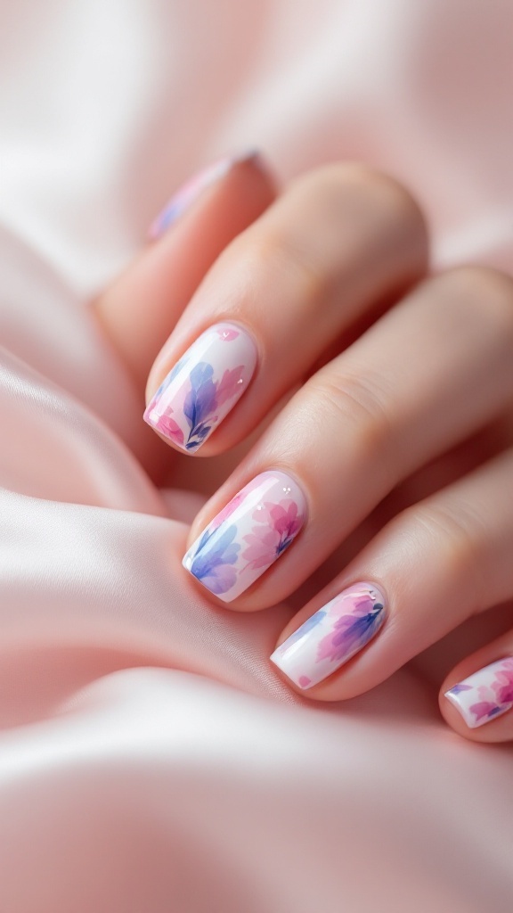 Square wedding nails featuring a watercolor technique with floral designs in soft pink and blue colors.