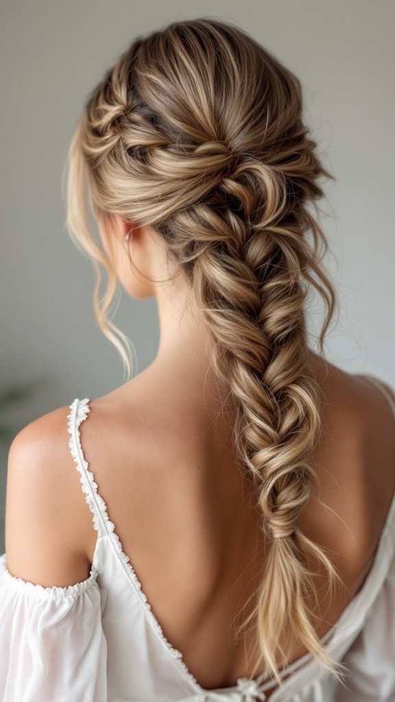 A beautiful waterfall braid hairstyle with loose ends, showcasing long hair styled elegantly.