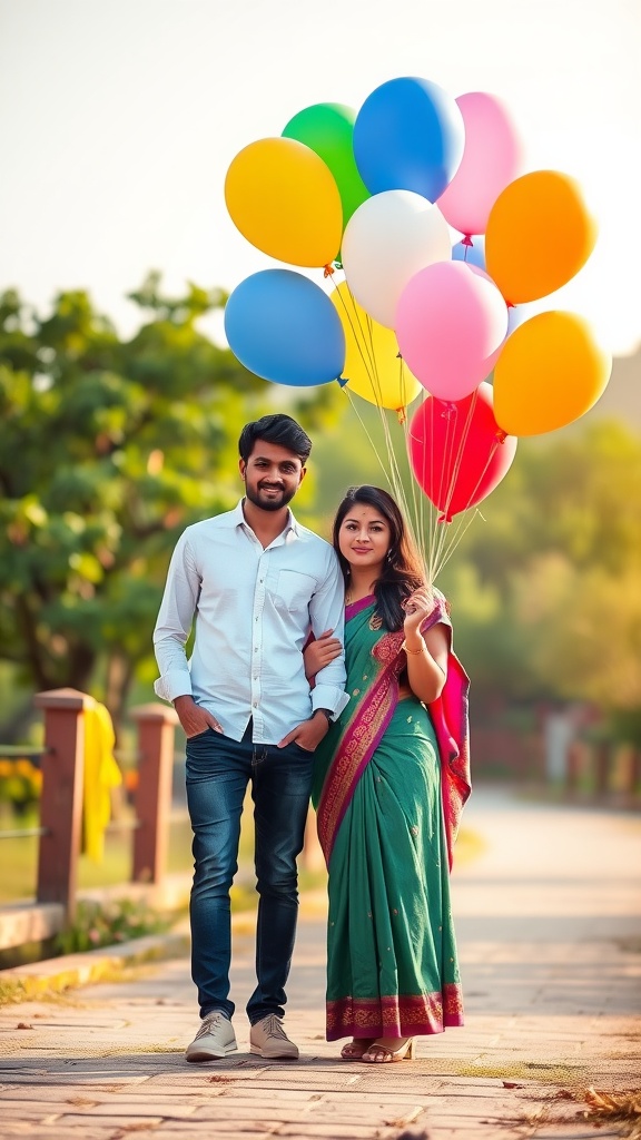 A couple holding colorful balloons, standing together on a path