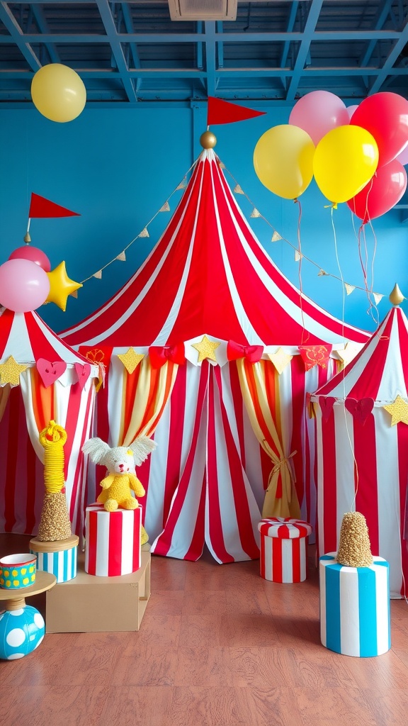 Colorful circus-themed bridal shower decorations with striped tents, balloons, and plush toys.