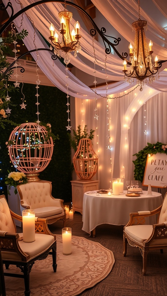 A beautifully decorated bridal shower space with chandeliers, candles, and elegant seating.