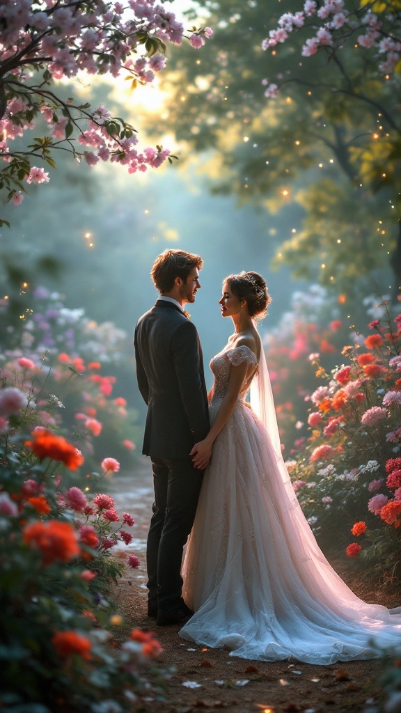 Couple in an enchanted garden surrounded by flowers, sharing a romantic moment