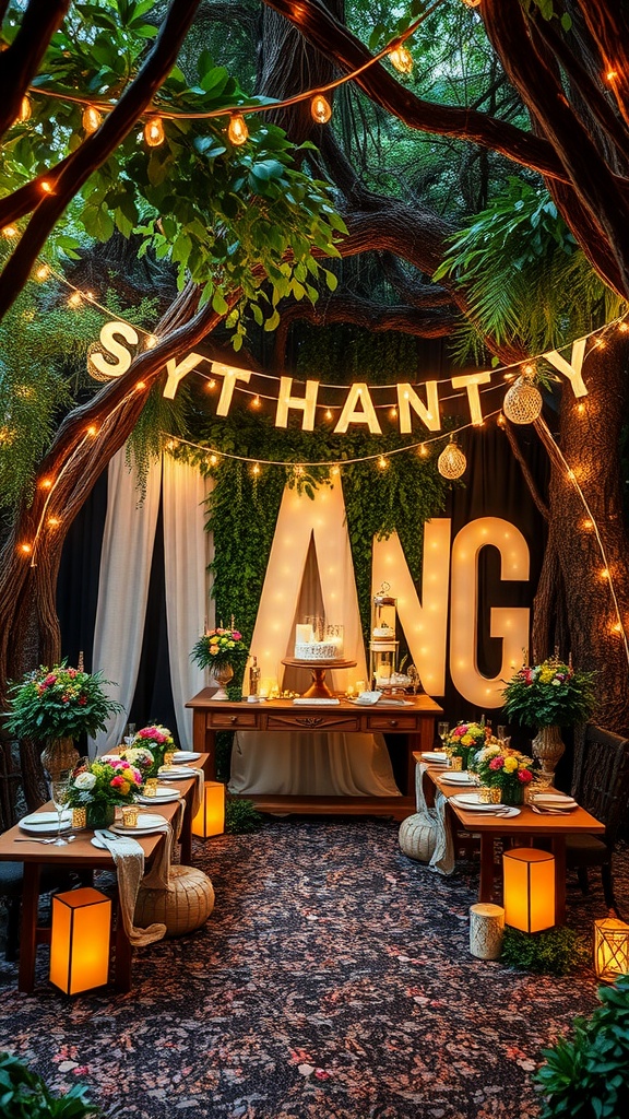 A whimsical fairytale-themed bridal shower setting with greenery, illuminated letters, and beautifully arranged tables.