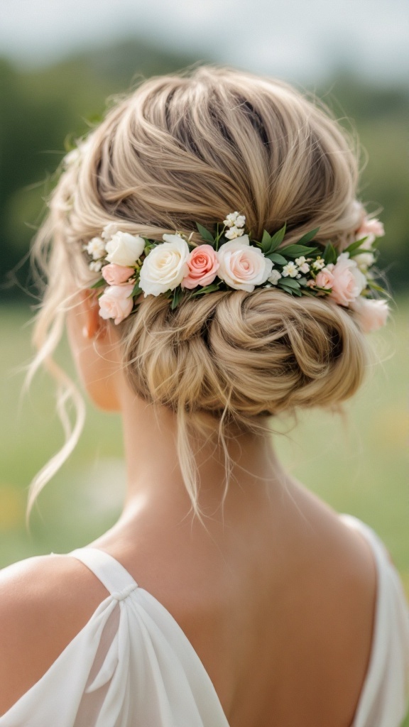 A beautiful floral crown made of pastel roses and greenery worn by a bridesmaid with an elegant updo hairstyle.