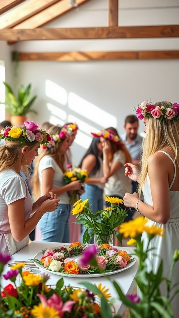 Women making flower crowns at a bridal shower workshop surrounded by flowers