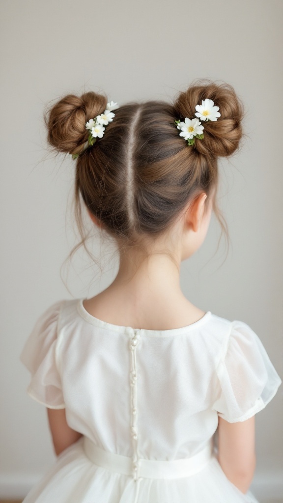 A little girl with two flower girl buns adorned with white flowers, wearing a delicate white dress.