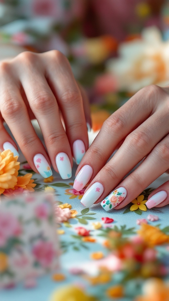 Colorful whimsical nail designs with floral patterns on a bride's hands