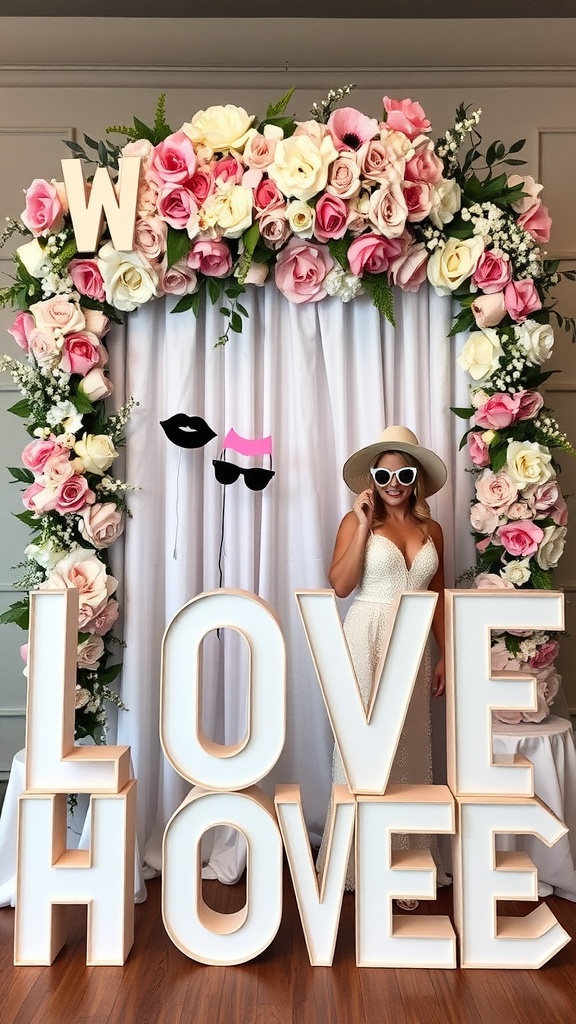 A stylish photo booth setup featuring a floral backdrop and large illuminated letters spelling 'LOVE'.