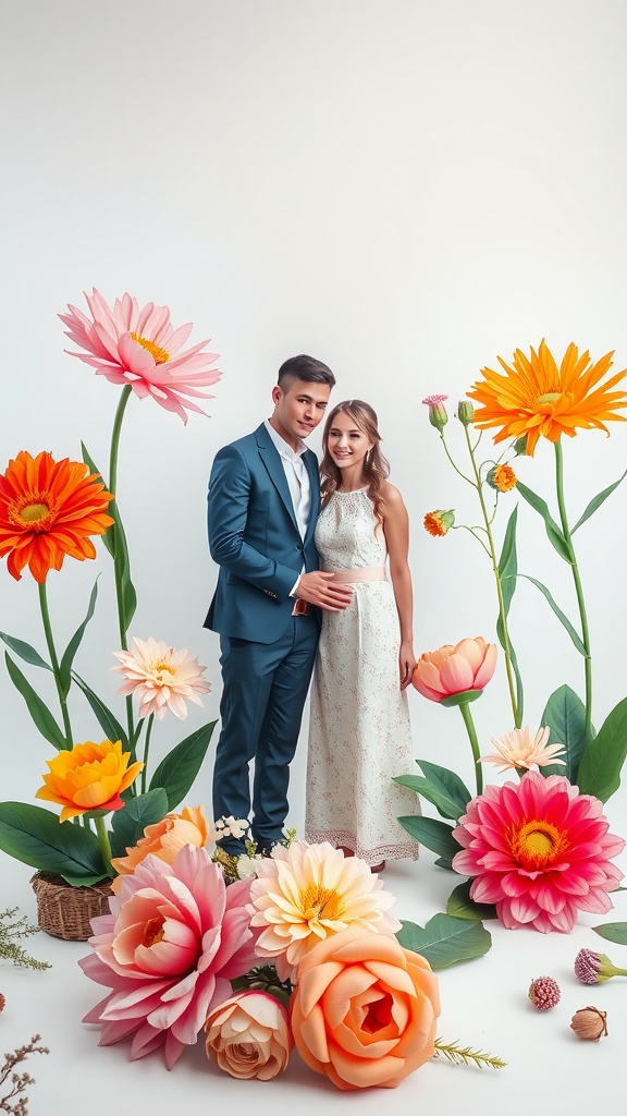 A couple in formal attire surrounded by oversized colorful flowers in a bright studio setting.