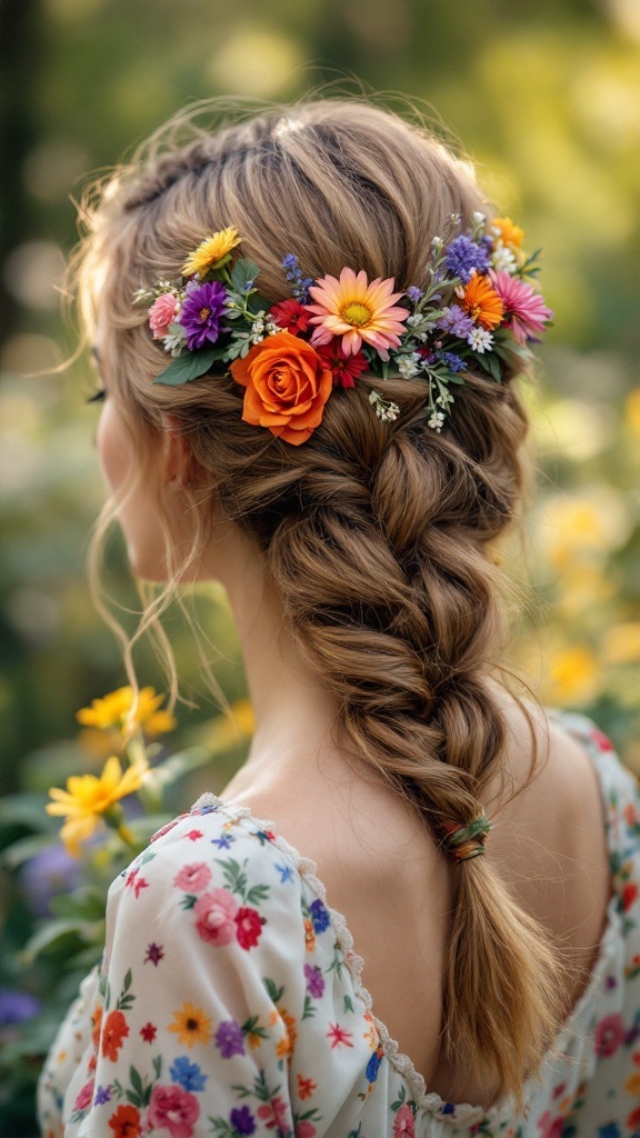 A woman with medium-length hair styled in a whimsical side braid decorated with colorful flowers, set against a backdrop of flowers.