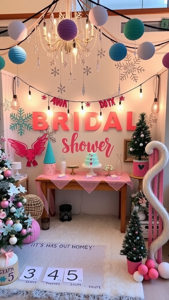 A winter bridal shower setup featuring a colorful decor with a large 'BRIDAL SHOWER' sign, mini trees, and a cake, creating a whimsical atmosphere.
