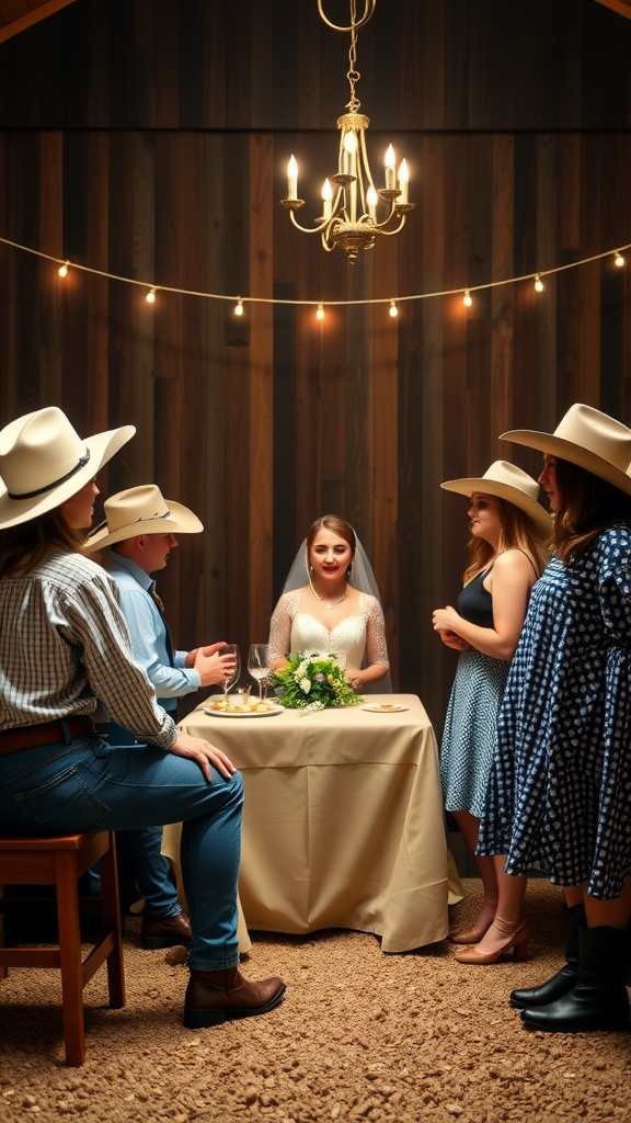 A bridal shower scene with friends in cowboy attire celebrating at a rustic table under string lights.
