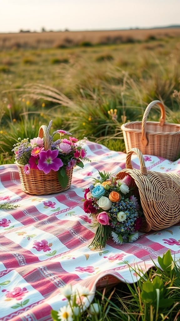 A picnic setup with a patterned blanket, flower baskets, and a scenic grassy field.