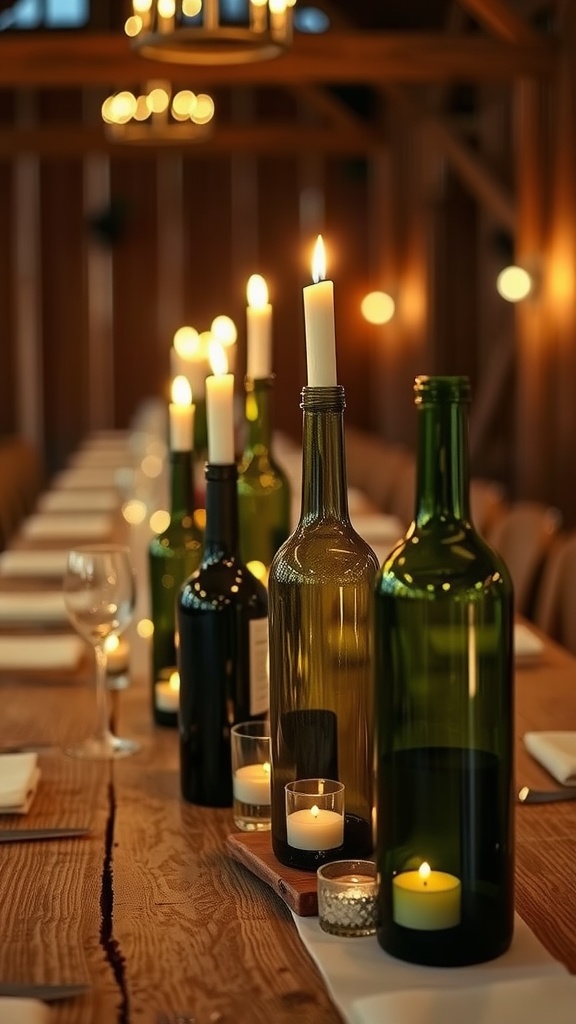 A rustic table set with wine bottle candle holders and tea lights.