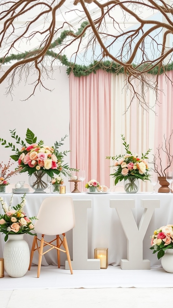 A beautifully decorated table for a winter garden party featuring floral arrangements and soft lighting.