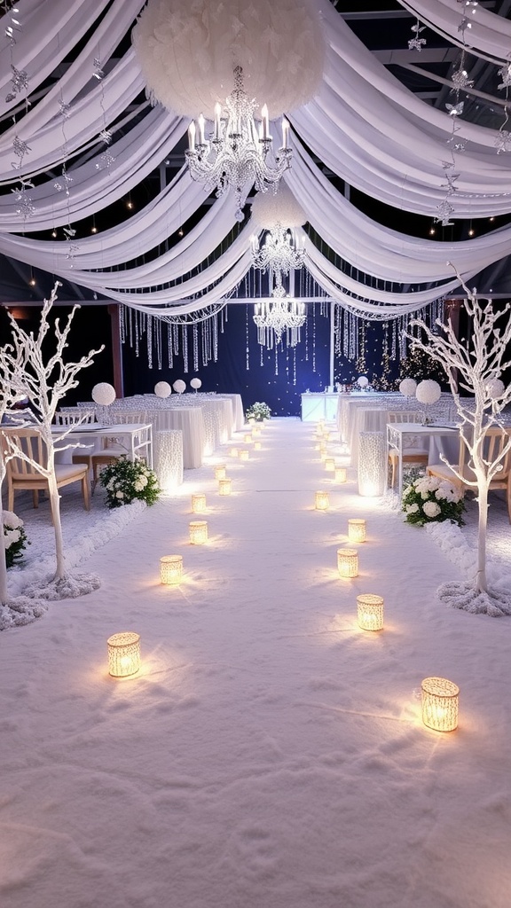 A beautifully decorated winter bridal shower venue featuring chandeliers, snow-like carpet, white trees, and soft lighting.