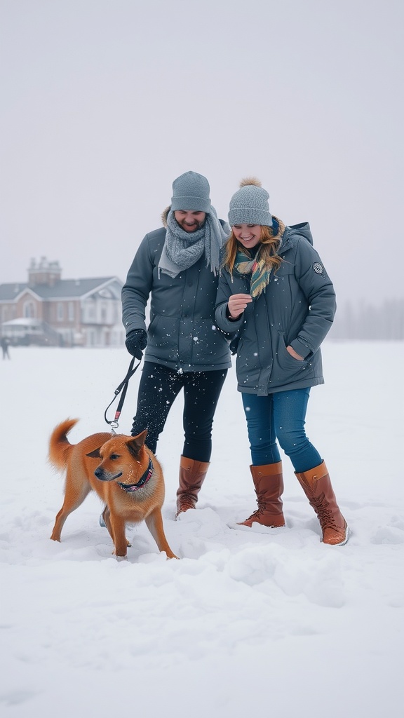 Couple enjoying winter with their dog in the snow