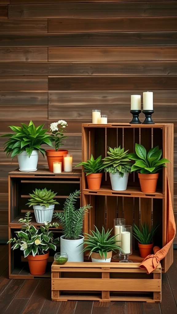 Wooden crates displaying various potted plants and candles, creating a rustic wedding decor setup.
