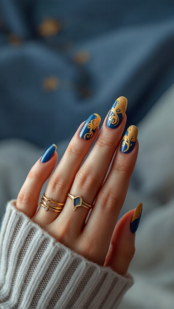 Close-up of a hand with artistic gold swirl nail designs on blue nails, wearing gold rings.