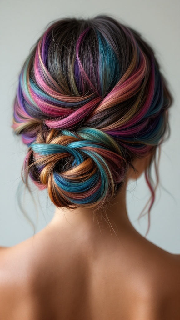 A low bun hairstyle with vibrant color highlights in pink, blue, and purple.
